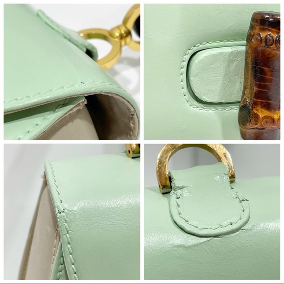 ❤️SOLD❤️Gucci mint green and off white leather vintage bamboo top handle bag - Picture 4 of 12